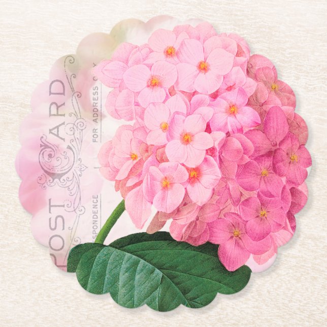 Rosa Vintage-Hortensien-Papierserviettenhalter Untersetzer (Vorderseite)