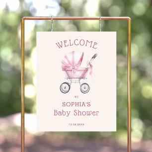 Rosa Vintage-Kinderwagen - Willkommen zur Babypart Poster