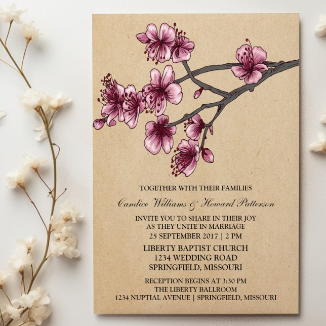 Rosa Vintage Kirschblüten laden zur Hochzeit ein Einladung (Pink Vintage Cherry Blossoms Wedding Invite)