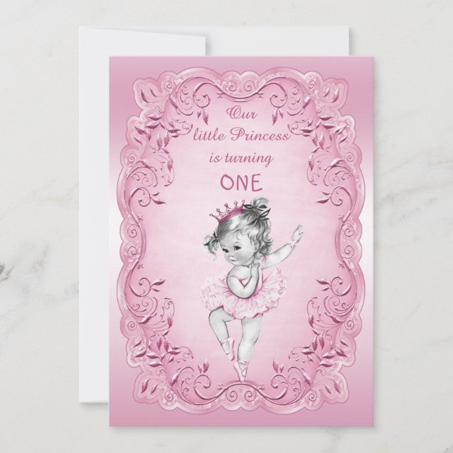 Rosa Vintage Prinzessin Ballerina 1. Geburtstag Pa Einladung (Vorderseite)