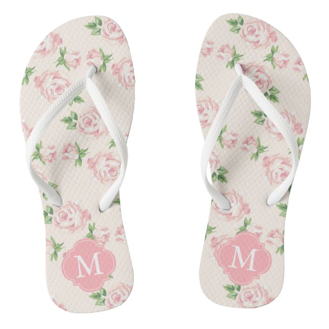 Rosa Vintage Rose Mit Monogramm Flip Flops (Fußbett)