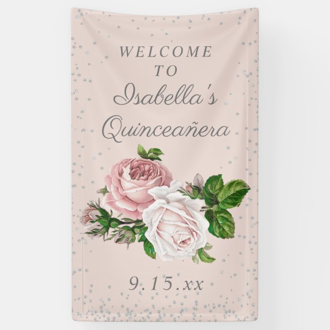Rosa Vintage Rose Quinceañera Willkommen Banner (Vertikal)