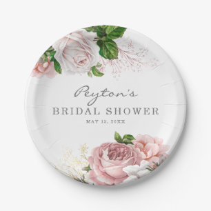 Rosa Vintage-Rosen-Blüten-Hochzeitsdusche Weiß Pappteller