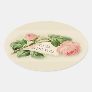 Rosa Vintage-Rosen Gott segne dich Ovaler Aufkleber