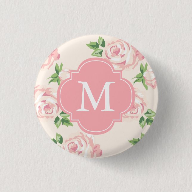 Rosa Vintage-Rosen Muster Monogramm Button (Vorderseite)