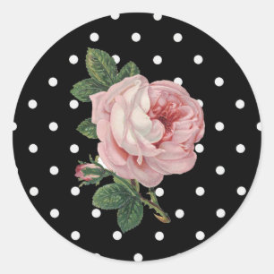 Rosa Vintage-Rosen und schwarze Punkte-Aufkleber Runder Aufkleber