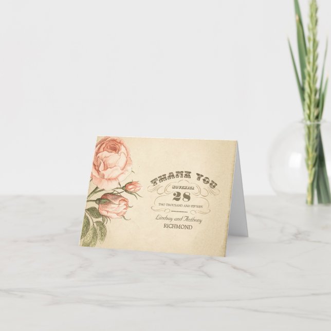 rosa Vintage Rosenhochzeit danken Ihnen Karten (Vorderseite)