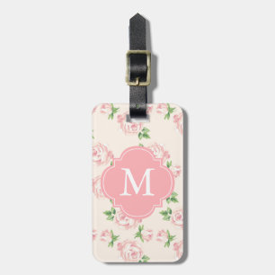 Rosa Vintage-Rosenmuster mit Monogramm Gepäckanhänger