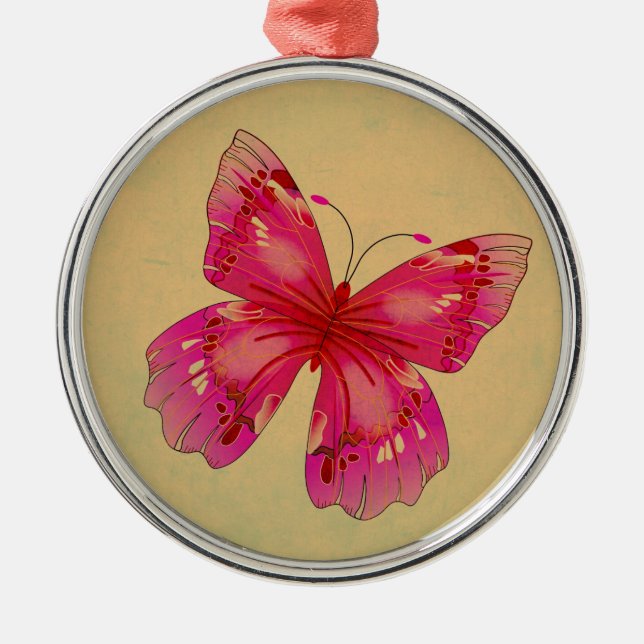 Rosa Vintage Schmetterlingskunst Silbernes Ornament (Vorne)