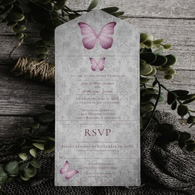 Rosa Vintage Schmetterlingsmaske All In One Einladung (Pink Vintage Butterfly Damask Wedding All in One Invitation)