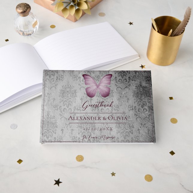 Rosa Vintage Schmetterlingsmaske Gästebuch (Vorderseite Offen)