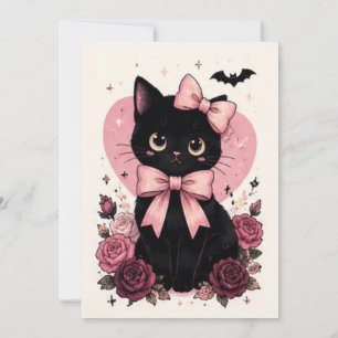 Rosa Vintage-Spiegel schwarze Katze Halloween Einladung
