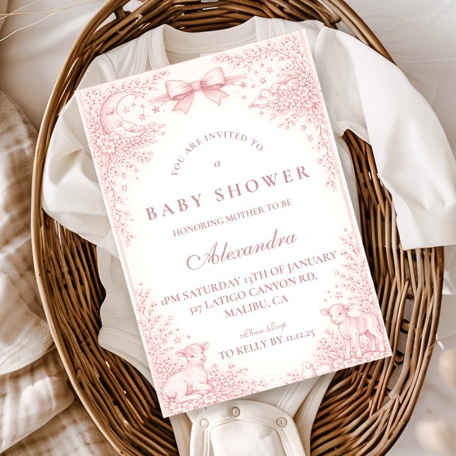 Rosa Vintage-Toile-Lamm-Babyparty Einladung (Von Creator hochgeladen)