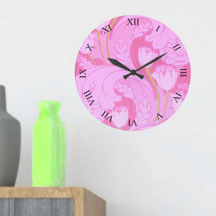 Rosa Vintage-Tulpen-Blumenmuster Große Wanduhr