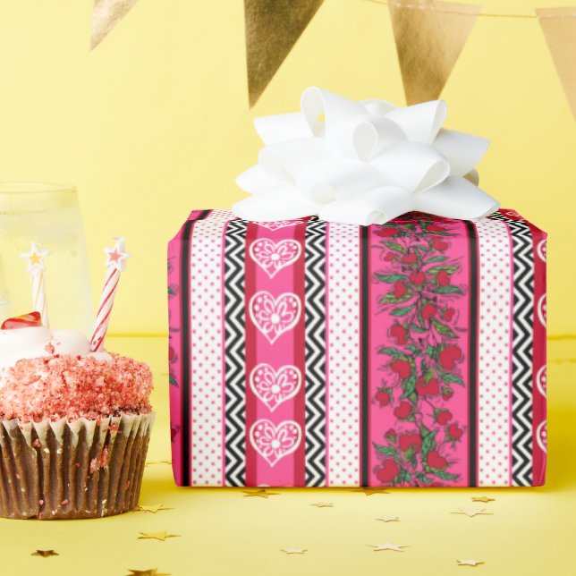 Rosa Vintage Valentinherzen und Blume Geschenkpapier (Geburtstagsparty)