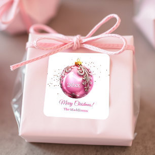 Rosa vintage Weihnachtsbaumanhänger personalisierb Quadratischer Aufkleber