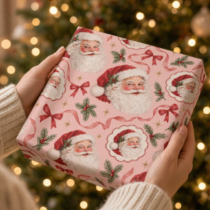 Rosa Vintage-Weihnachtsmann und roter Schleife Wei Geschenkpapier