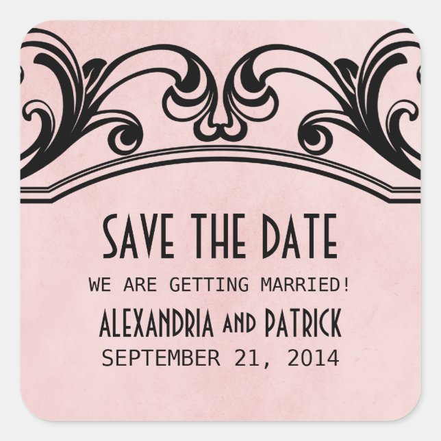 Rosa Vintage Wirbel Save the Date Stickers (Vorderseite)