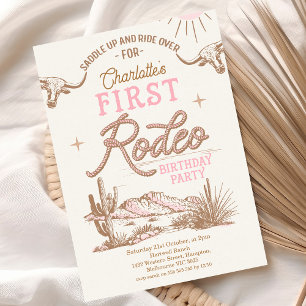 Rosa Vintage-Wüsten-Rodeo zum 1. Geburtstag Einladung