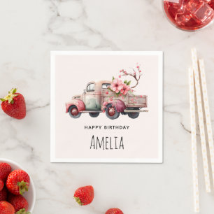 Rosa Vintager Bauer Truck Geburtstag Serviette