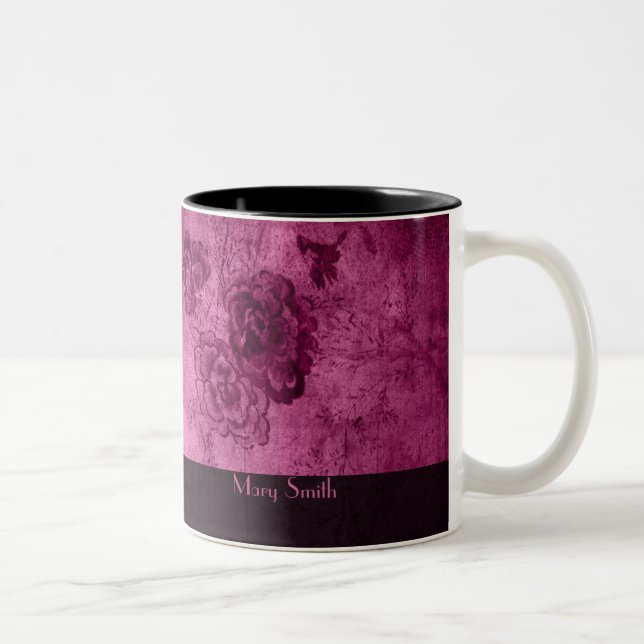 Rosa Vintager Blumenmuster-individueller Name Zweifarbige Tasse (Rechts)
