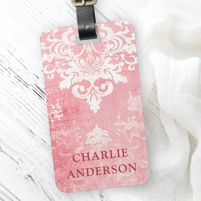 Rosa Vintager Damast individuelle Name Gepäckanhänger (Pink vintage damask floral custom name luggage tag)