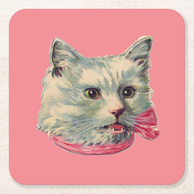 Rosa Vintager Extravaganter Cat Paper Untersetzer (Vorderseite)