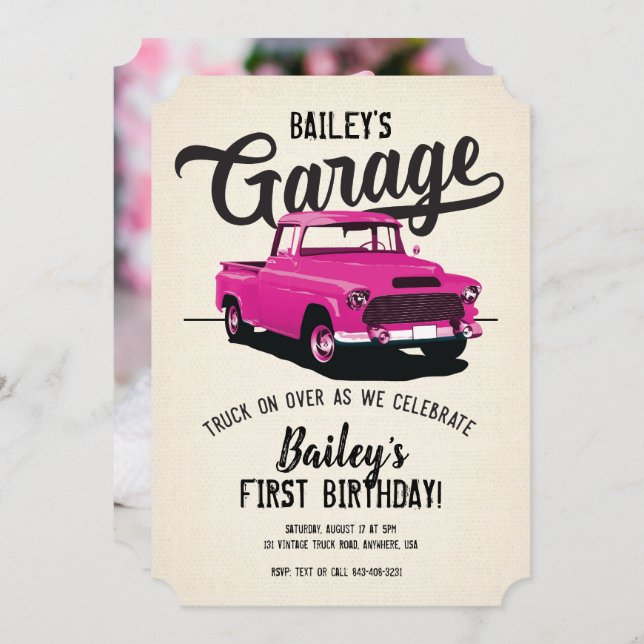 Rosa Vintager Lkw Geburtstagsparty Foto Einladung (Vorne/Hinten)