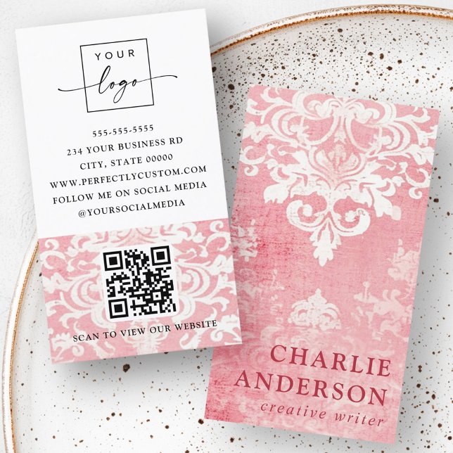 Rosa Vintages Damasellogo QR-Code Visitenkarte (Pink vintage damask floral logo QR code Business Card)