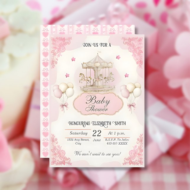 Rosa Vintages Karussell- Kinderdusche Einladung (pink-pony-carousel-vintage-girl-baby-shower-invitation)