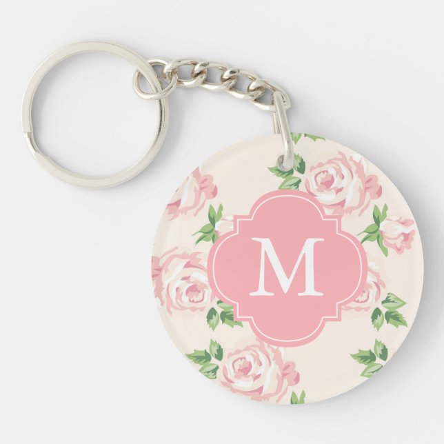 Rosa Vintages Rosen-Muster mit Monogramm Schlüsselanhänger (Vorderseite)