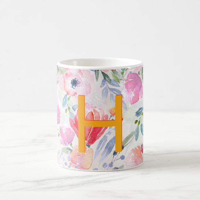 Rosa violette Blumen Aquarellfarben Monogramm Kaffeetasse (Mittel)