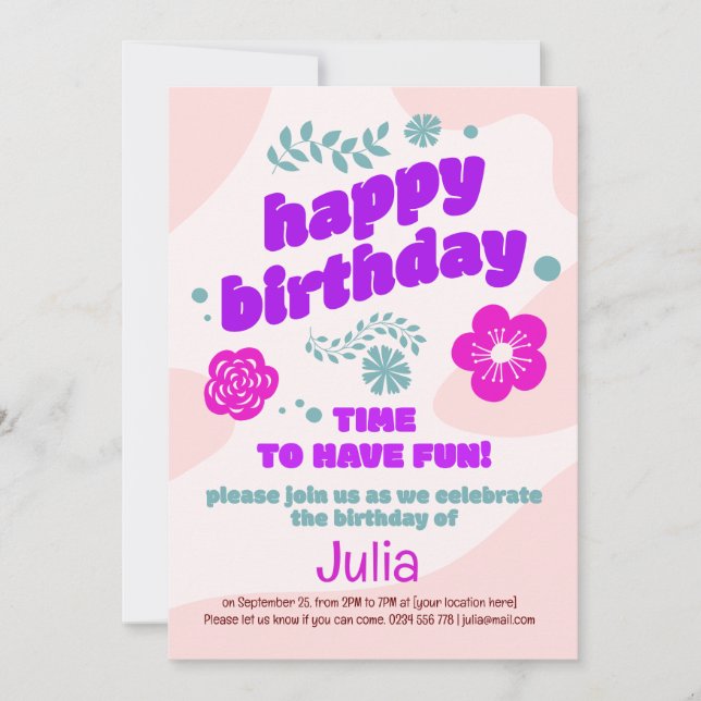 Rosa, violette Blumen Geburtstagseinladung. bearbe Einladung (Vorderseite)