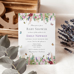 Rosa violette Blumen mit Schmetterlingsdusche Einladung