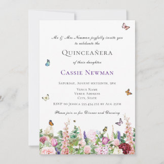 Rosa violette Blumen und Schmetterlinge | Quinceañ Einladung