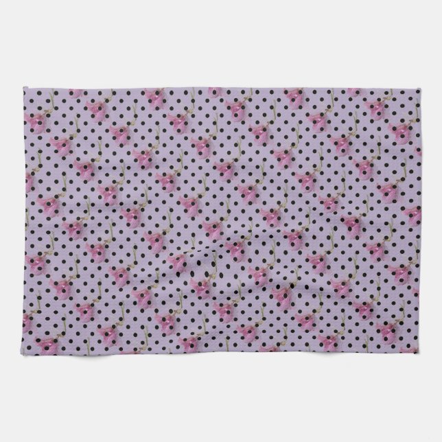 Rosa violette Blumen und schwarze Polka-Punkte Geschirrtuch (Horizontal)