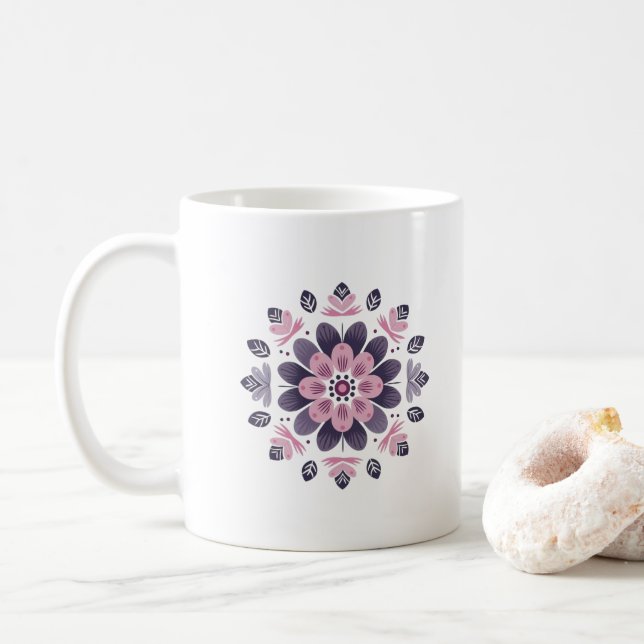 Rosa & violette florale Mandala - Skandinavisch Kaffeetasse (Mit Donut)