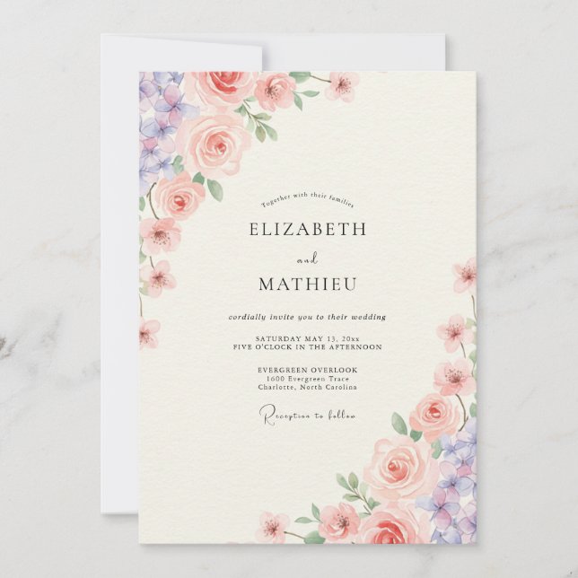 Rosa-violette Pfingstrosen-Hochzeit Einladung (Vorderseite)