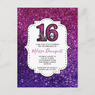 Rosa & Violette Sweet 16 Glitzer Edelsteine Postkarte