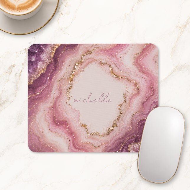 Rosa Violetter Geode-Marmor Gold Personalisierter  Mousepad (Pink Purple Geode Marble Gold Personalized Name Mouse Pad)