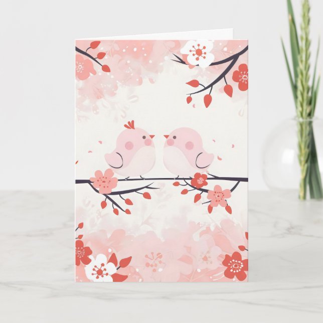 Rosa Vögel Sakura Frühling Einladung (Vorderseite)