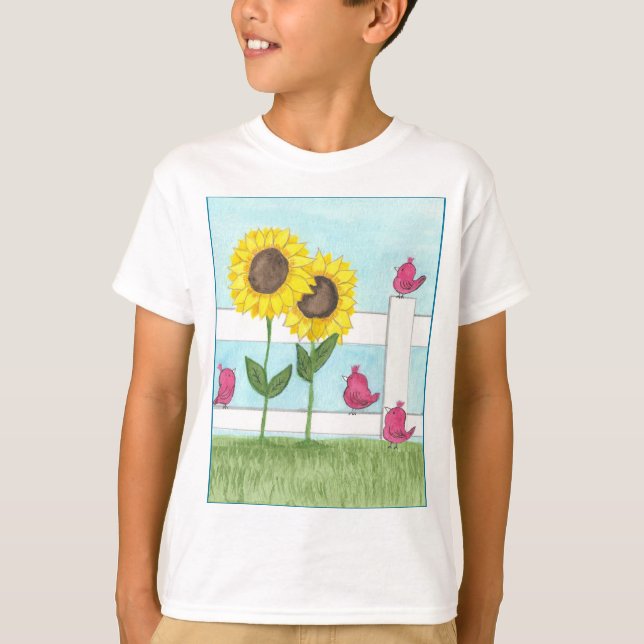 Rosa Vögel & Sonnenblumen Kinder T-Shirt (Vorderseite)