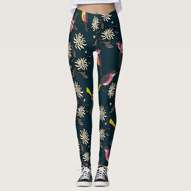 Rosa Vögel und Blume Leggings (Vorderseite)