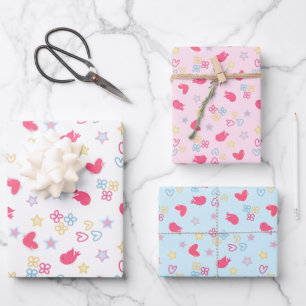 Rosa Vögel und Liebe Herz Geschenkpapier Set