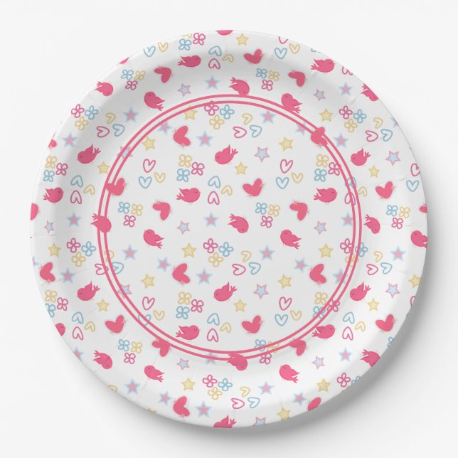 Rosa Vögel und Liebe Herz Pappteller (Vorderseite)