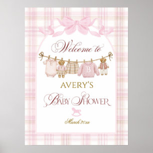 Rosa vornehme Teddybär Mädchen Babyparty Karierter Poster