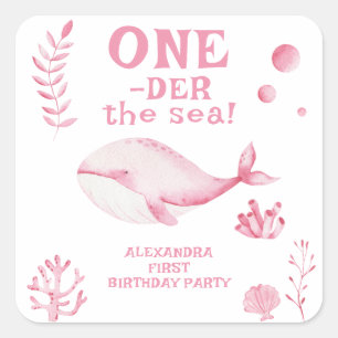 Rosa Wal unter dem Meer 1. Geburtstag Quadratischer Aufkleber
