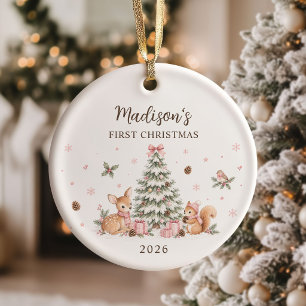 Rosa Wald Baby's erstes Weihnachtsfoto Keramik Ornament