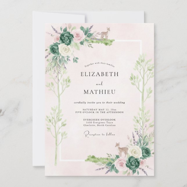 Rosa Waldlaub-Eukalyptus-Hochzeit Einladung (Vorderseite)
