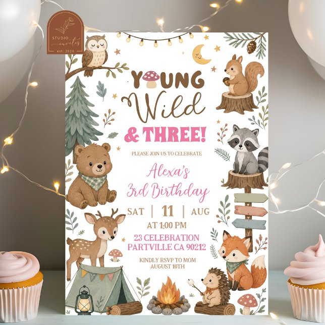 Rosa Waldtier Young Wild and Three Geburtstag Einladung (Von Creator hochgeladen)